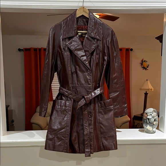 VINTAGE 70's Etienne Aigner Oxblood Leather Belted Trench Coat Size 16
